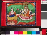 Deity sitting on a lotus with other figures in attendance