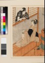 A woman in a bath house talking to a man through the window