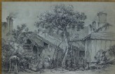 Farmyard with a tree and an outhouse