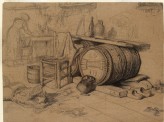 Interior with a barrel and pitcher and a woman working