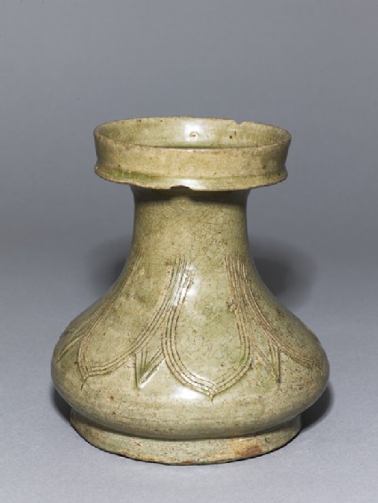Greenware vase, or hu, with dish-shaped mouth and lotus decorationoblique
