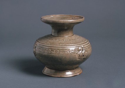 Greenware jar with horse and rideroblique