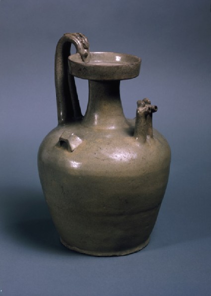 Greenware ewer with two chicken head spoutsoblique