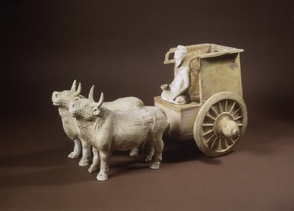 Earthenware model of oxen and cartoblique
