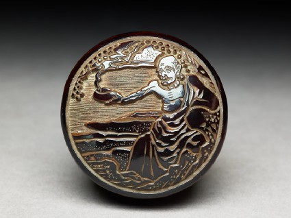 Kōgō, or incense box, depicting Handaka Sonja conjuring a dragon from his bowltop