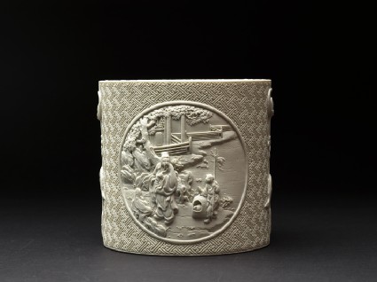 Brush pot with figures in high reliefside