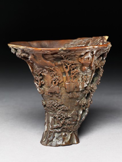 Rhinoceros horn libation cup with trees and pavilionsoblique