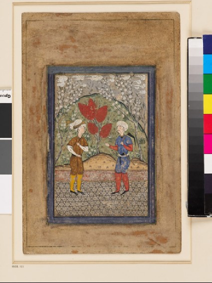 Page from a dispersed muraqqa‘, or album, depicting two men in conversationfront