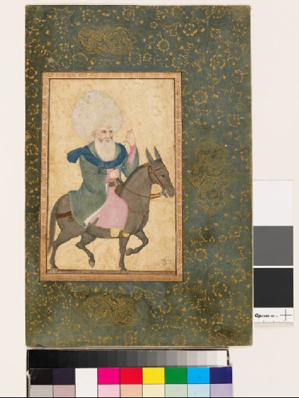 Page from a dispersed muraqqa‘, or album, depicting a holy man on a mulefront