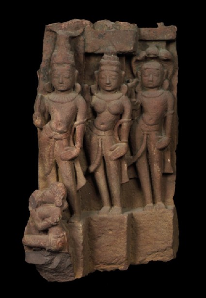 Fragment of a donor group possibly depicting Vasudeva, Subhadra, and Balaramaoblique