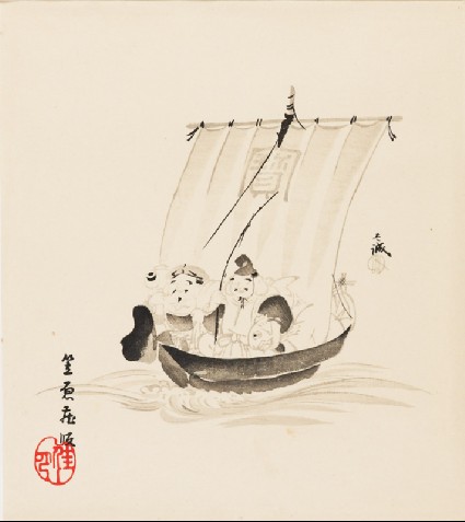 The gods Daikoku and Ebisu on a takarabune, or treasure shipfront