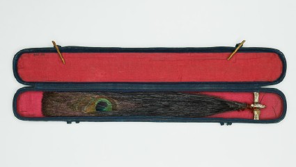 Box with peacock feather, probably used to denote official ranktop, in the box
