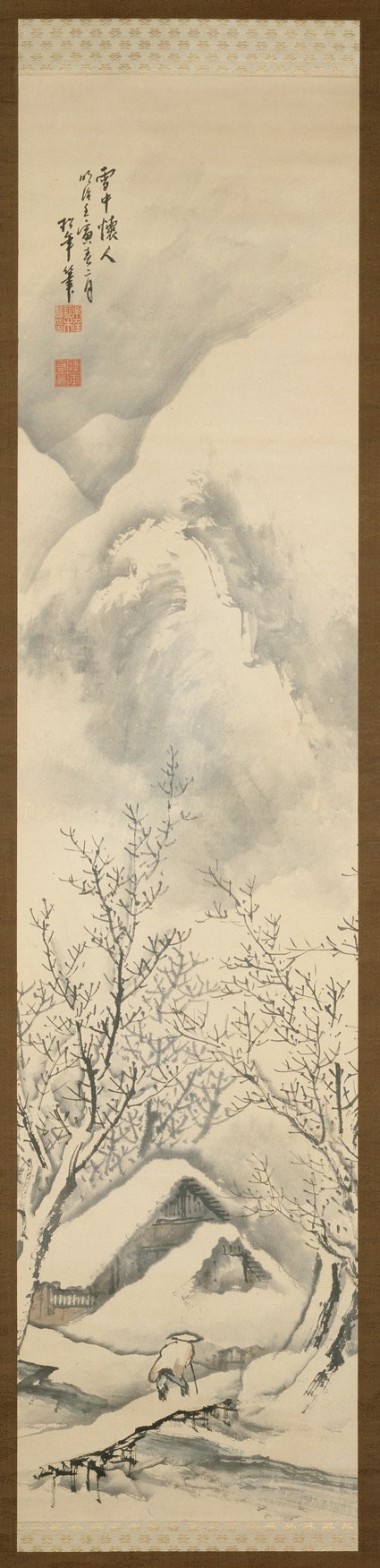Snowscape depicting a man walking towards a hermitagefront, painting only
