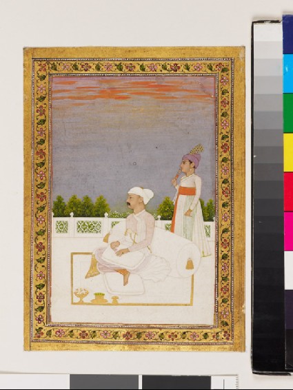 Nobleman, possibly Mir Qasim, seated on a terrace with attendantfront