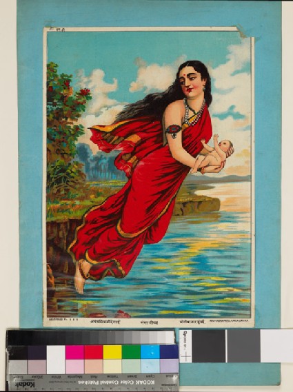 The goddess Ganga hovers over the waters carrying the child Bhishmafront