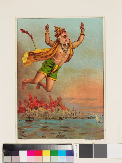 Hanuman, the monkey king, flying with his tail on fire over the burning palace of Ravanafront