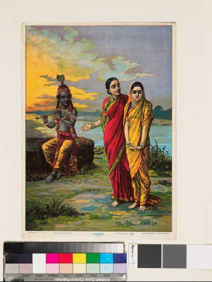 A sakhi, or confidante, indicates to Radha the beauty of Krishna the Flautist, or Muralidhara-Krishnafront