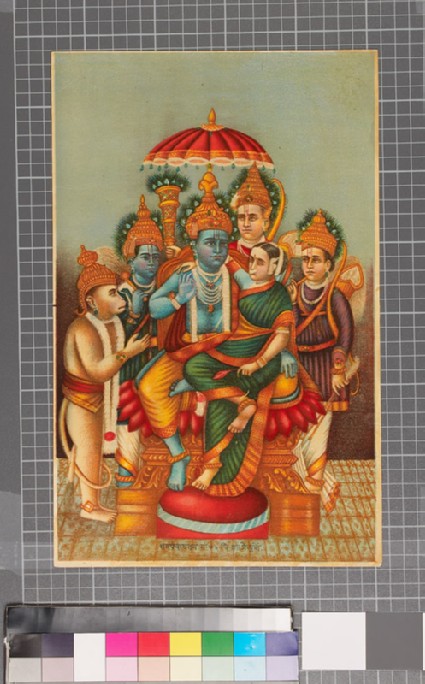 Rama seated with Sita, Bharat, Lakshmana, Hanuman, and Shatrughnafront