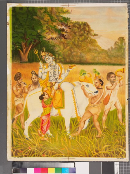 Shiva helping Parvati up onto Nandi's back, attended by asceticsfront