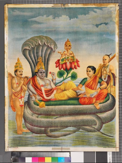 Vishnu attended by Lakshmi, Garuda in human form, and a sadhu carrying a lutefront