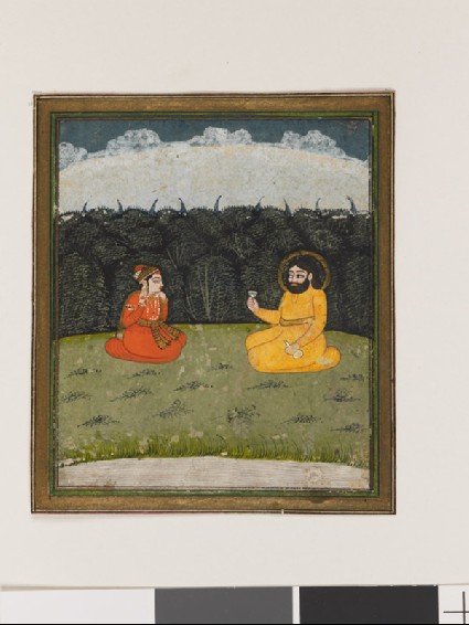 Two figures seated by a woodfront