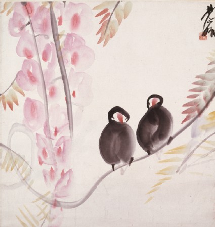 Pair of Java Sparrowsfront, painting only
