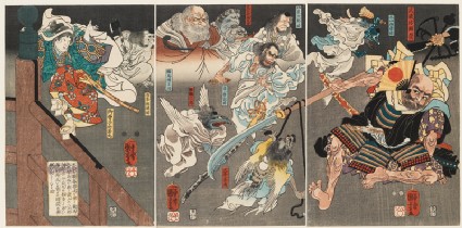 Minamoto Yoshitsune fights Benkei on Gojō Bridge, with the help of tengu demonsfront