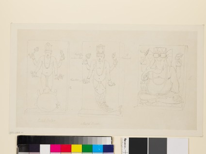 Drawing of three reliefs depicting the deities Matsya, Kurma, and Ganeshafront