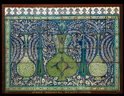 Set of forty-eight tiles displaying vases and cypress trees amid flowersfront