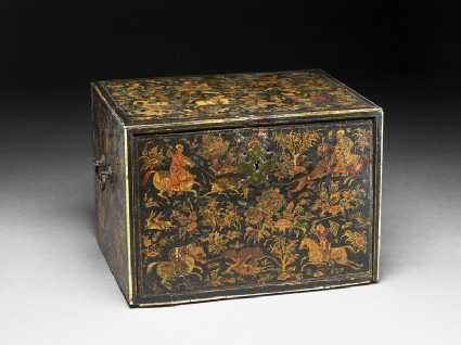 Writing cabinet decorated with hunting scenesoblique