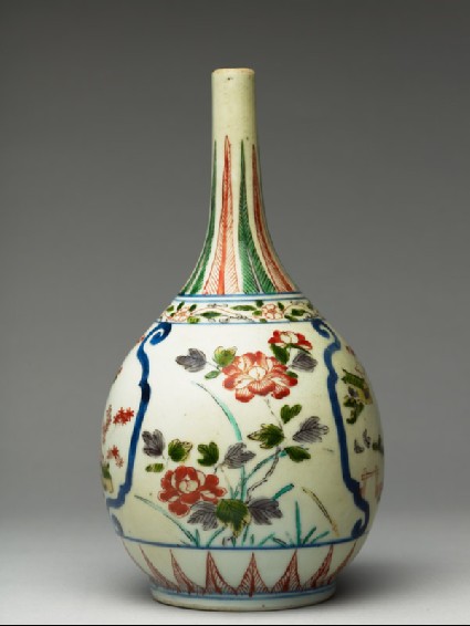 Bottle with temple scenes and floral decorationside