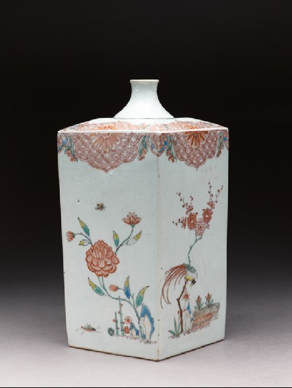 Square bottle with Dutch decoration of flowers, birds, and insectsside