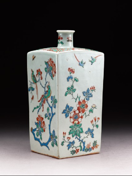 Square bottle with Dutch decoration of birds and flowersside