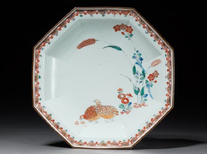 Octagonal dish with quails and flowerstop