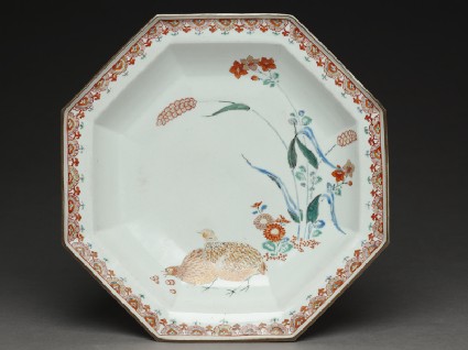 Octagonal dish with quails and millettop
