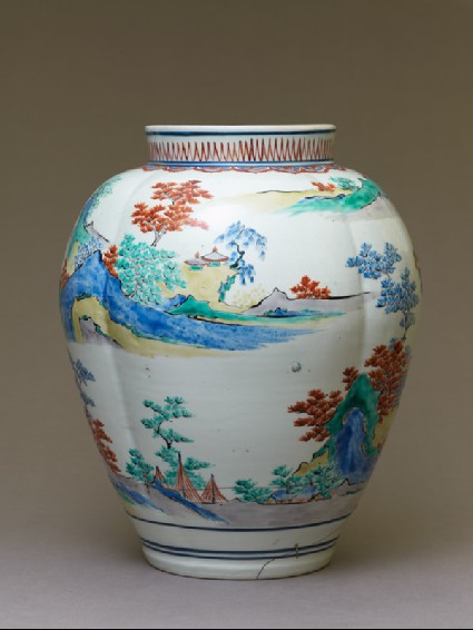Lobed baluster jar with pavilions and temples in a landscapeside
