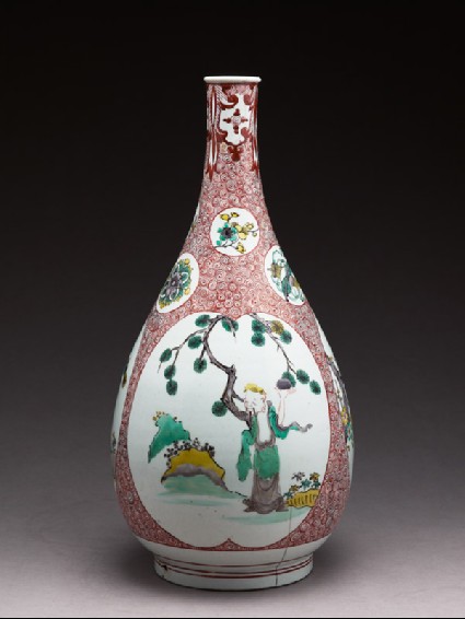 Bottle with three cartouches, each depicting a sage by a treeside