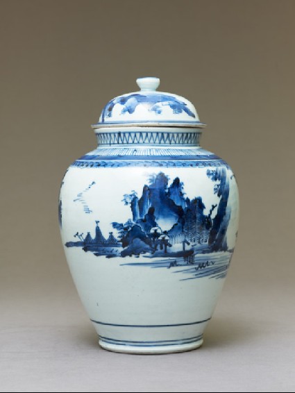 Jar with river and mountain landscapeside