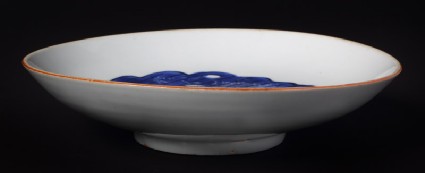 Blue-and-white dish with leaf and rockfront