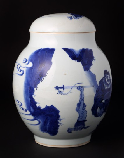 Blue-and-white jar and lid with figures in a landscapefront
