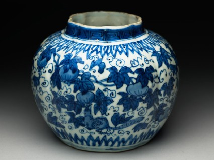 Blue-and-white jar with animals eating fruitoblique
