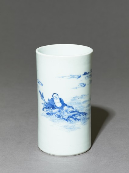 Blue-and-white brush pot depicting the immortal Zhang Qianoblique