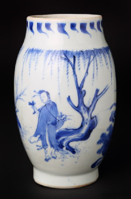 Blue-and-white jar with figure and deer in a landscapefront