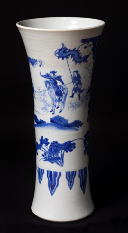 Blue-and-white beaker vase with warriors in a landscapefront