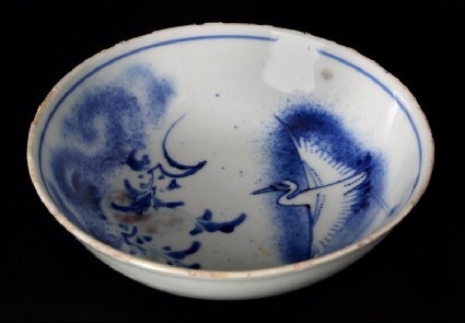 Blue-and-white bowl with crane and flowering branchesfront