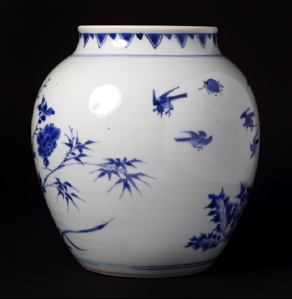 Blue-and-white jar with birds, rocks, and flowering branchesfront