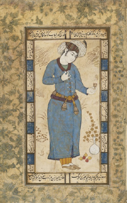 Page from a dispersed muraqqa‘, or album, depicting a courtier holding a wine cupfront