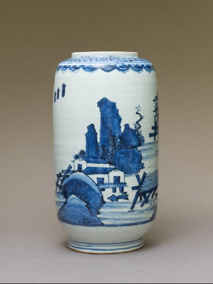 Jar depicting European-style houses on stiltsside