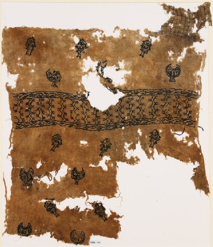Textile fragment with chalices, fish, and inscriptionfront