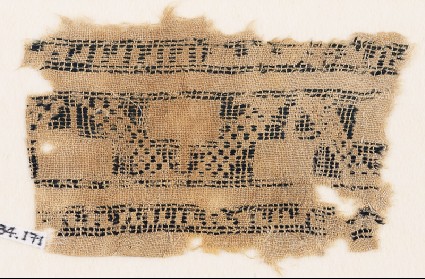 Textile fragment with stepped rectangles and remains of inscriptionfront